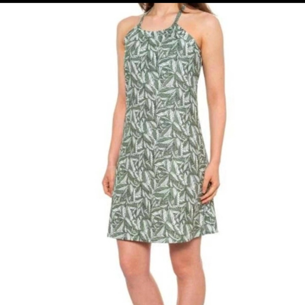 Eddie Bauer Harmony Dress Moisture Wick Built-In Bra Green Palm Print Halter L